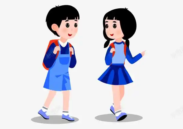 com 2个学生 卡通学生 放学路上 背着书包