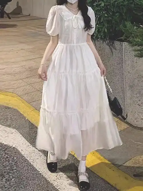 学院风白色连衣裙女2024夏季新款宽松法式初恋学生收腰显瘦长裙子