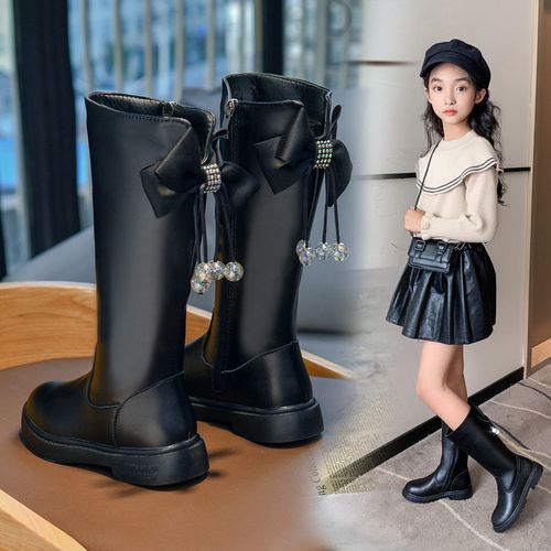 小女孩皮靴时尚简约可爱蝴蝶结长筒靴儿童长靴女童秋冬保暖高筒靴