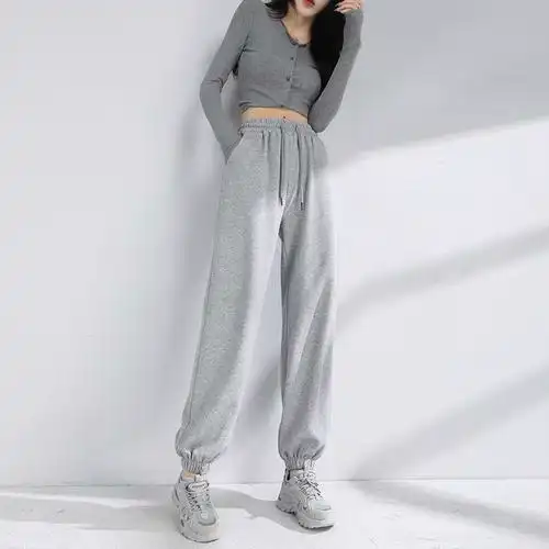 灰色运动裤女宽松束脚高腰纯棉加绒加厚秋冬卫裤小个子休闲裤子