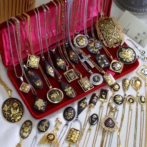 vintage古董首饰日本西班牙大马士革锻金项链手工错金银传统工艺