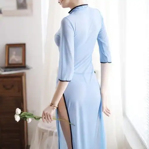 女性感透明复古旗袍连体睡裙开裆免脱丝袜sm制服诱惑套装角色扮演内裤