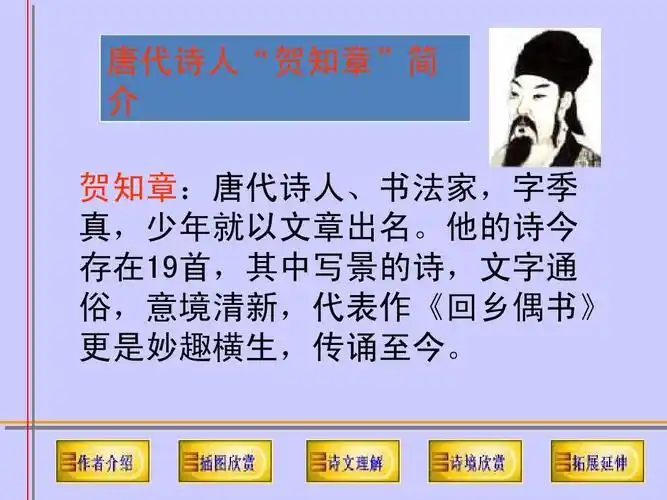 由总到分,条序井然在语言的运用上,既晓畅,又华美作者简介  贺知章659