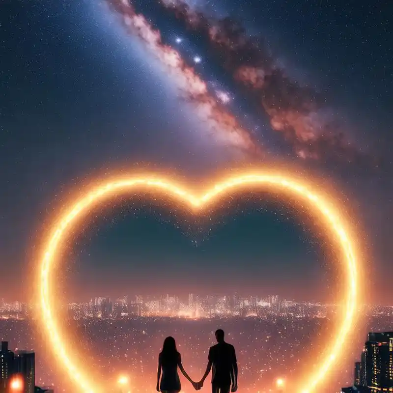 城市夜晚微光散, 璀璨夜空星斗繁. 手牵手,心贴心, 在此享受温馨寻.