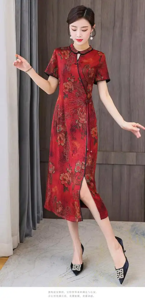 复古改良桑蚕丝旗袍女2022夏新款红色中国风真丝宴会香云纱连衣裙