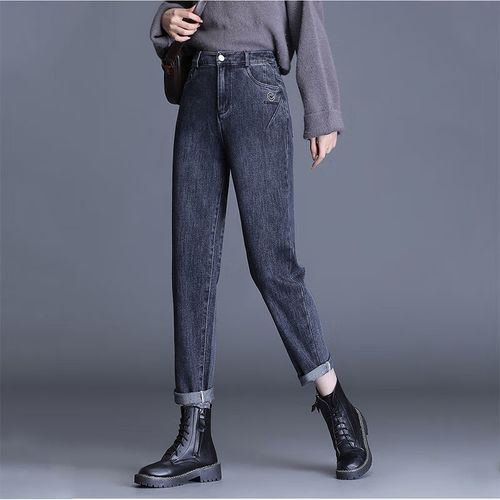 搭配马丁靴的裤子女蓝灰牛仔裤女弹力宽松哈伦直筒2022春秋新款高腰