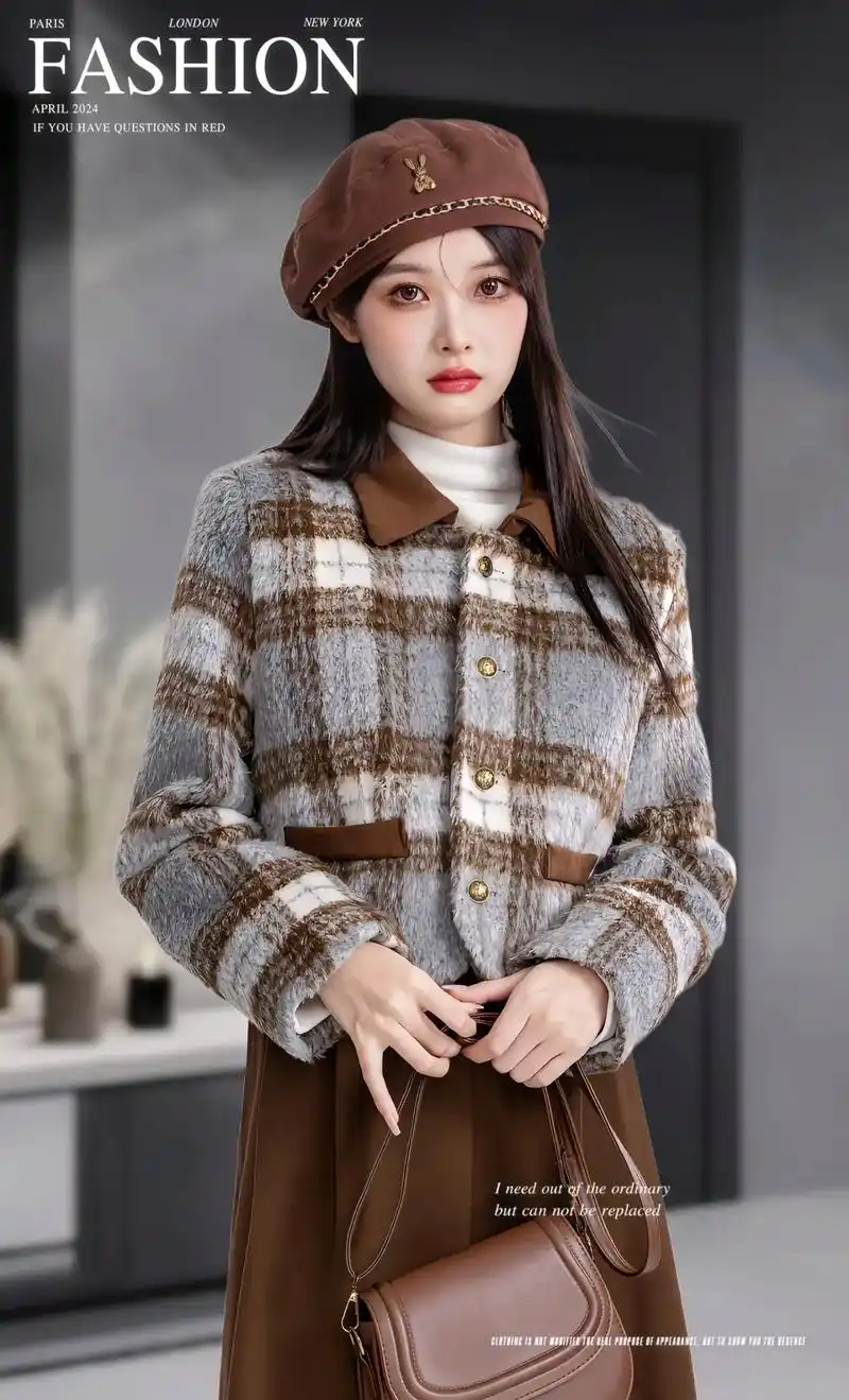 时尚格子外套毛呢外套,经典格纹撞色小 - 抖音