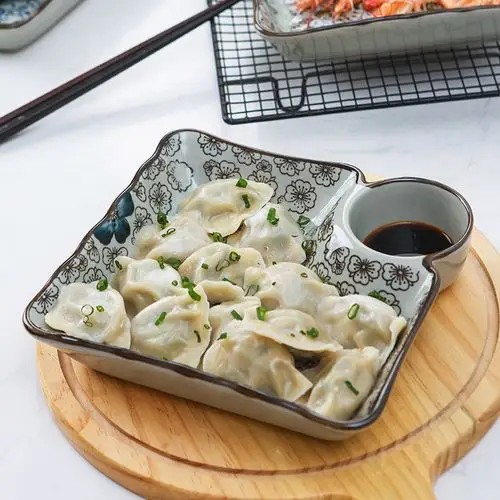 日式陶瓷餐具创意饺子盘带醋碟盘子家用菜盘碟子餐盘方盘水饺盘