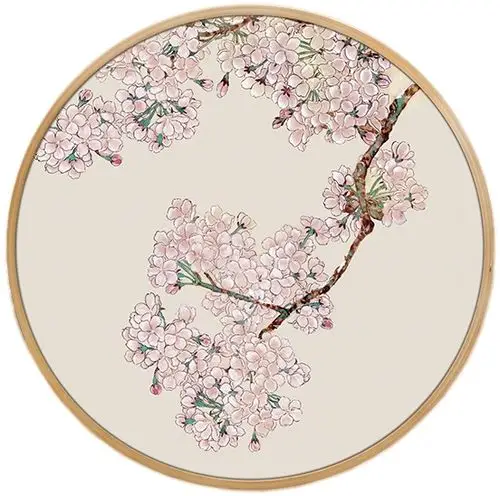 圆形实木框装饰画樱花现代简约挂画花鸟三联幅客厅玄关餐厅卧室画