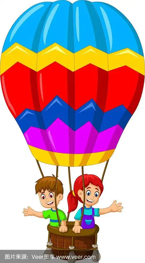 有趣的两个孩子卡通飞行在一个热气球