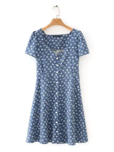 2019春速卖通女装印花腰带纽扣v领连衣裙