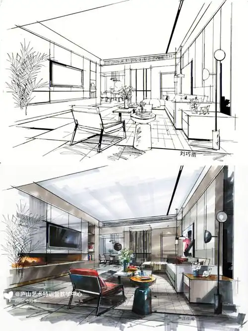 一点斜透视客厅空间马克笔上色附线稿