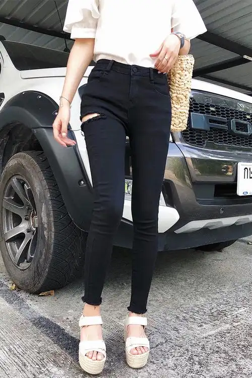 凡兔女装黑色牛仔裤女高腰显瘦小脚港味裤子女破洞学生韩版毛边九分