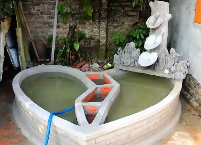 手艺人用砖头砌鱼池破旧老院儿养锦鲤别有一番韵味