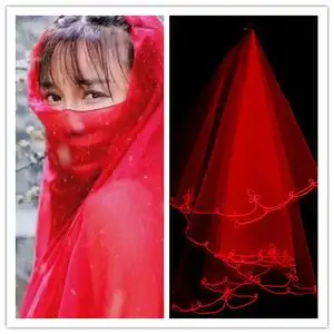 汉服拍照头纱红色网红道具女古风头饰新娘李子柒同款围巾面纱复古
