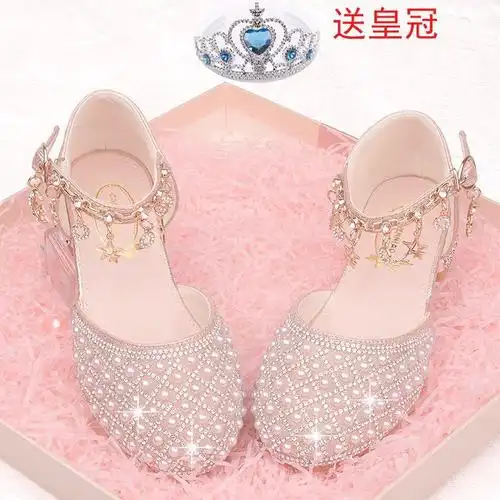 unmun儿童高跟鞋女公主礼服鞋子女童水晶鞋爱莎单鞋珍珠闪钻舞台