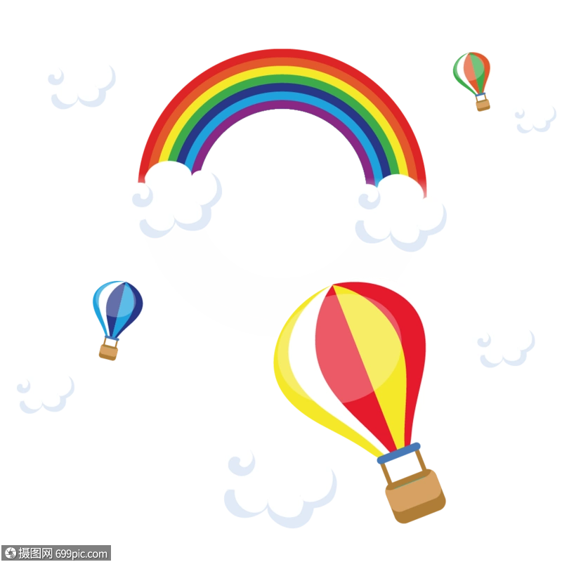 矢量扁平天空中的彩虹与热气球