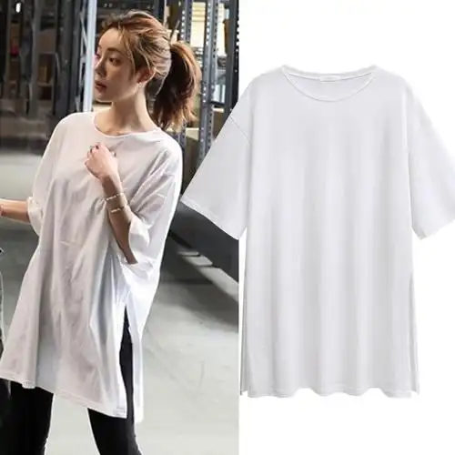 下衣失踪风长款t恤女中长款宽松短袖纯白色侧开叉上衣分叉夏大款