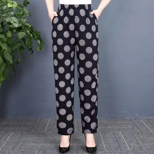 中老年2021夏季棉绸裤女中年休闲松紧高腰妈妈大码绵绸花裤子薄款