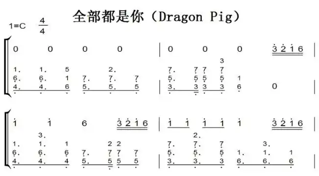 全部都是你(dragon pig)有试叶 钢琴谱 钢琴双手简谱 钢琴简谱