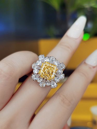 名媛珠宝人工培育宝石方钻黄钻钻石花朵夸张大戒指4克拉食指钻戒