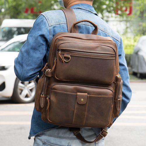 新潮欧美跨境疯马皮男士双肩包男款大容量复古头层牛皮双肩背包男