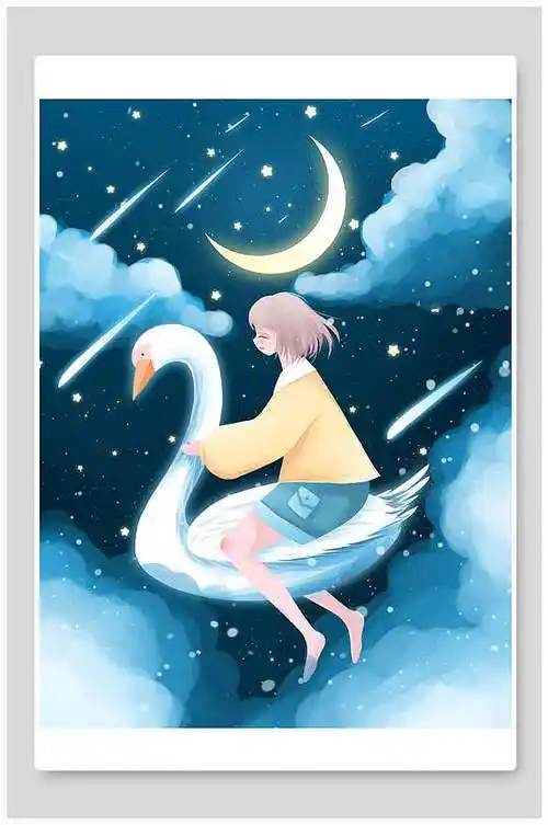 月光蓝色高端大气少女梦幻星空插画