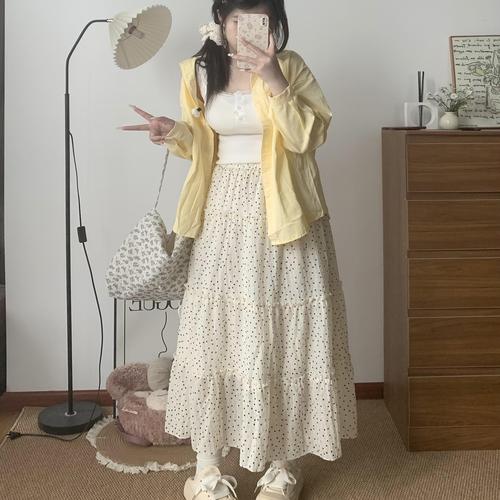 加加树 白色波点半身裙女夏季高腰a字森系法式垂感蓬蓬蛋糕长裙