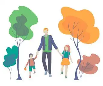 父亲, 儿子和女儿一起去.父母带孩子上学.回到学校.友好家庭的概念.