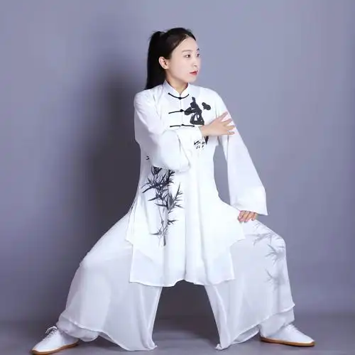 太极服彩绘竹子中长款男女太极拳比赛服演出服练功表演服飘逸新款