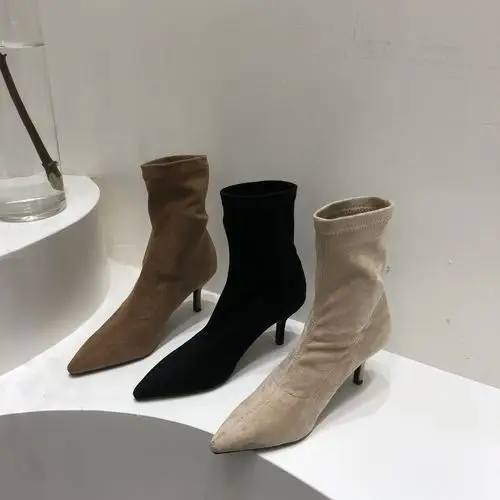 尖头棕色绒面短靴女高高跟短筒磨砂翻皮齐踝弹力靴