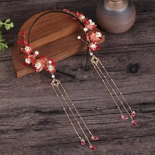 儿童古代头饰汉服红色发箍全套超仙流苏步摇发饰