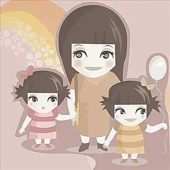 母亲,两个,女儿