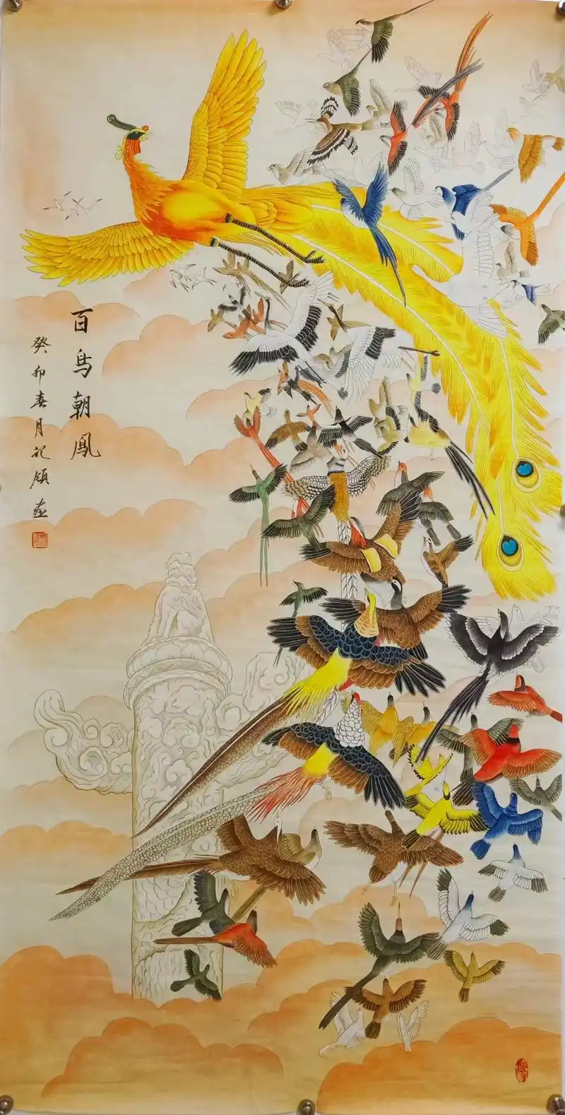 工笔画家胡记领老师新品《百鸟朝凤》玄关图