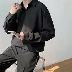宽松垂感黑色衬衫男长袖春秋季高级感痞帅男士休闲男装白衬衣cy23