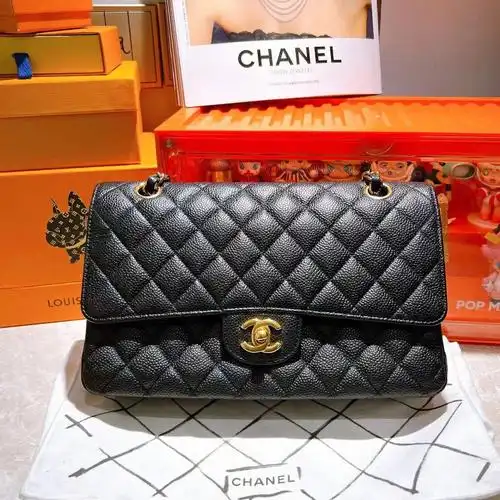 99新chanel香奈儿cf中号黑金荔枝纹链条包