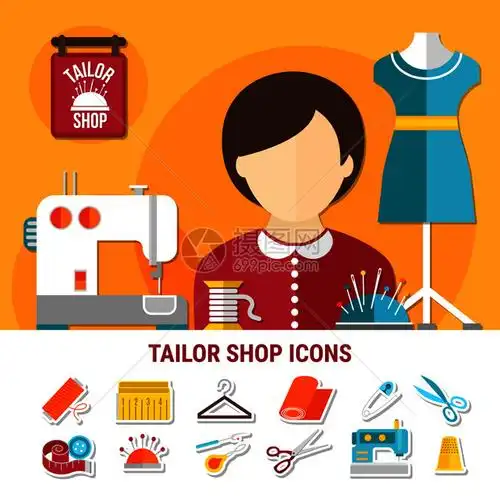 裁缝店与缝纫设备工作场所符号平隔离矢量插图裁缝店插图