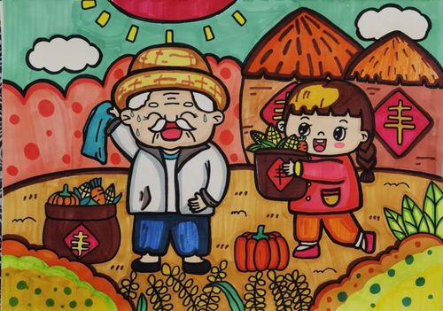 秋天的田野儿童画模板手抄报小学一二三丰收手绘线稿主题绘画果实