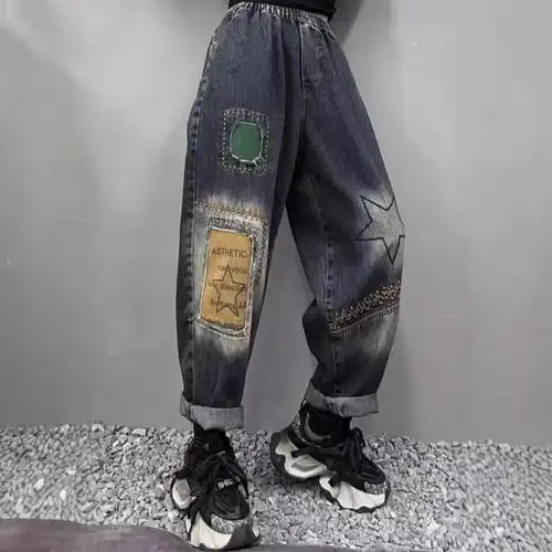 文艺百搭宽松休闲补丁贴布刺绣牛仔裤2024年秋季新品时尚哈伦裤子