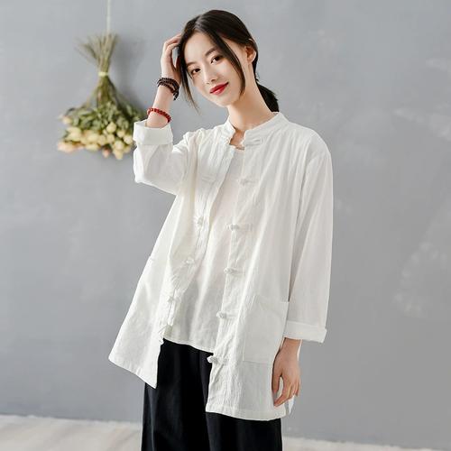 斜襟盘扣中国风太极拳练功服晨练服宽松棉麻太极服女上衣时尚