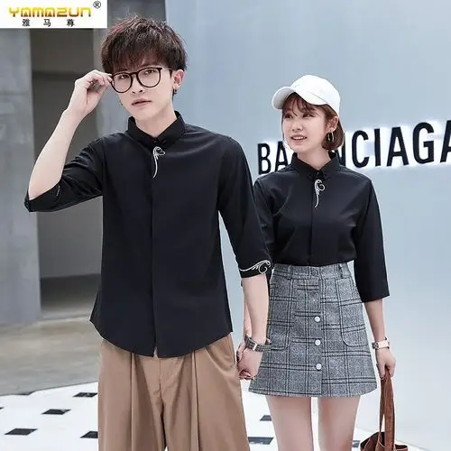 男女同款衬衫工作服修身中袖衬衫发型师时装潮装衬夏季衣不规则