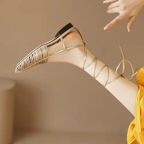 性感罗马风2024夏一字带包头编织镂空猪笼鞋性感绑带平底女凉鞋