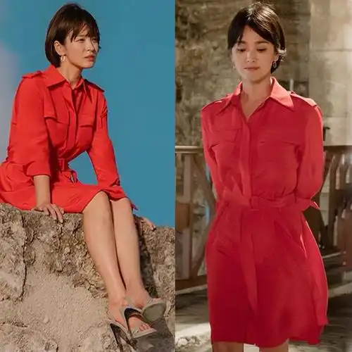 韩剧男朋友宋慧乔同款红色连衣裙chic温柔仙女ins复古衬衫裙子-艾唯娅