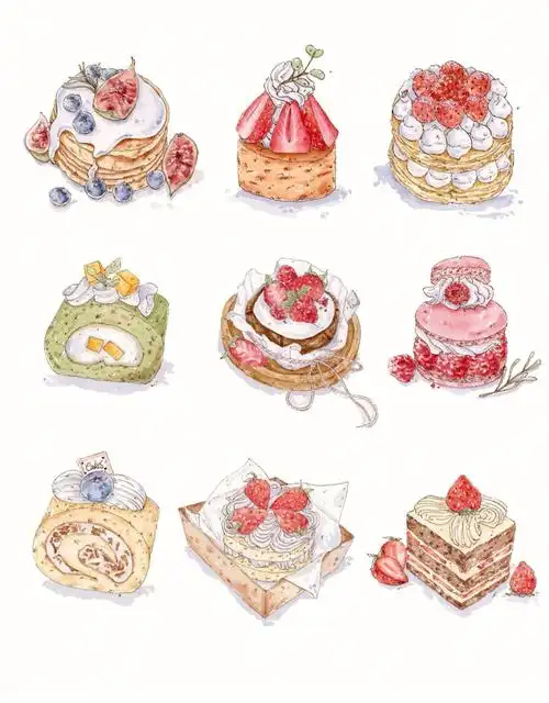近期画的一些甜品～#寻找小红书绘画大神  #水彩  #钢笔淡彩  #绘画