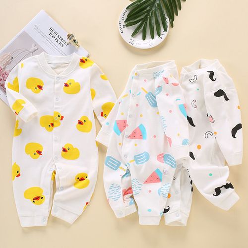 夏天新生儿睡衣薄款春秋女纯棉婴儿连体衣服男0岁3-6个月宝宝长袖