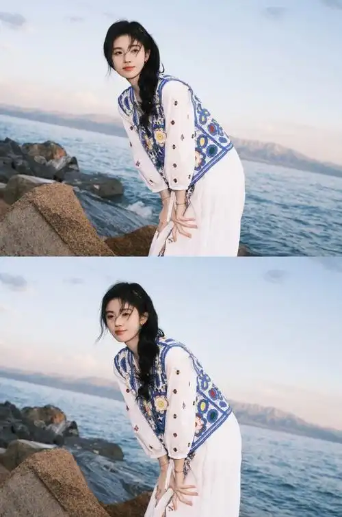 鞠婧祎落日海边随拍##鞠婧祎民族风造型大片