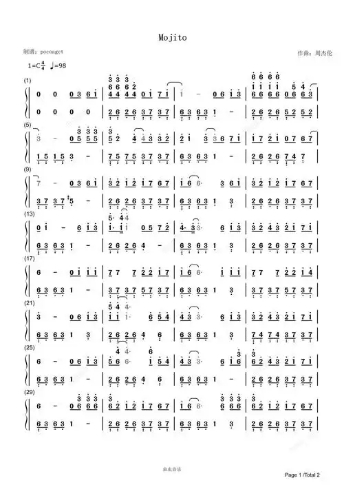 mojito简谱优美版适合新手周杰伦poc编配