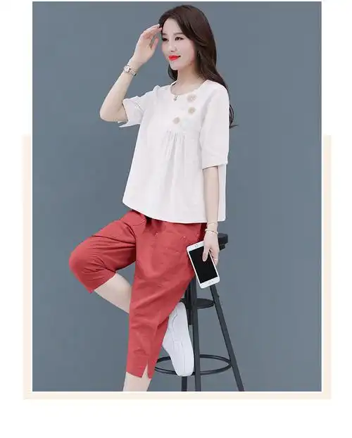 时尚休闲棉麻套装女2021夏装新款女装韩版小个子亚麻两件套洋气潮