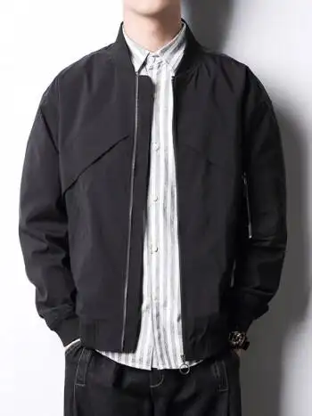 码韩版潮流春秋胖子百搭黑色薄款飞行员夹克男装旗舰店官方黑色夹克m