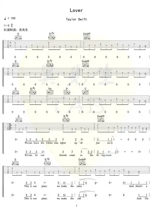 《lover》吉他谱_taylor swift_g调原版弹唱谱_高清六线谱